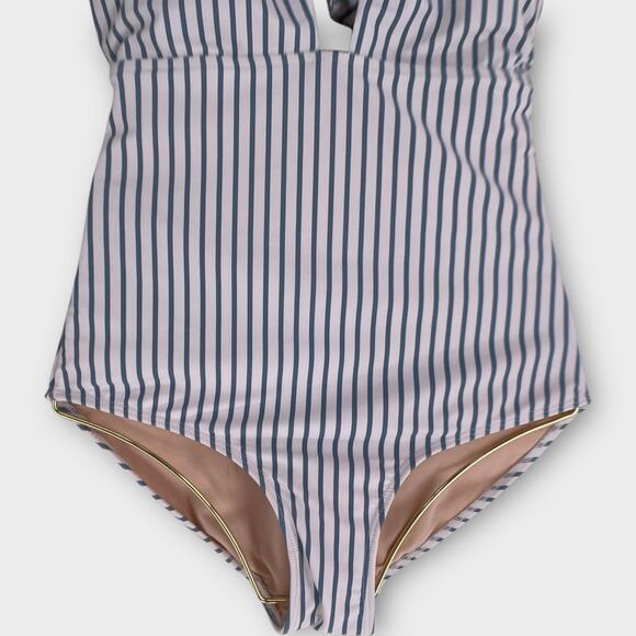 Albion Top Knot Stripe Open Back Keyhole One Piece Striped Swimsuit Blue White - Picture 5 of 13